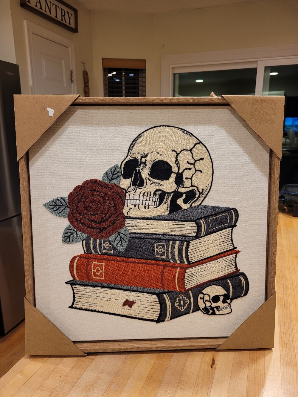 Skull & Books 11" X 17" Embroidered Wall Art - Red Rose Accent